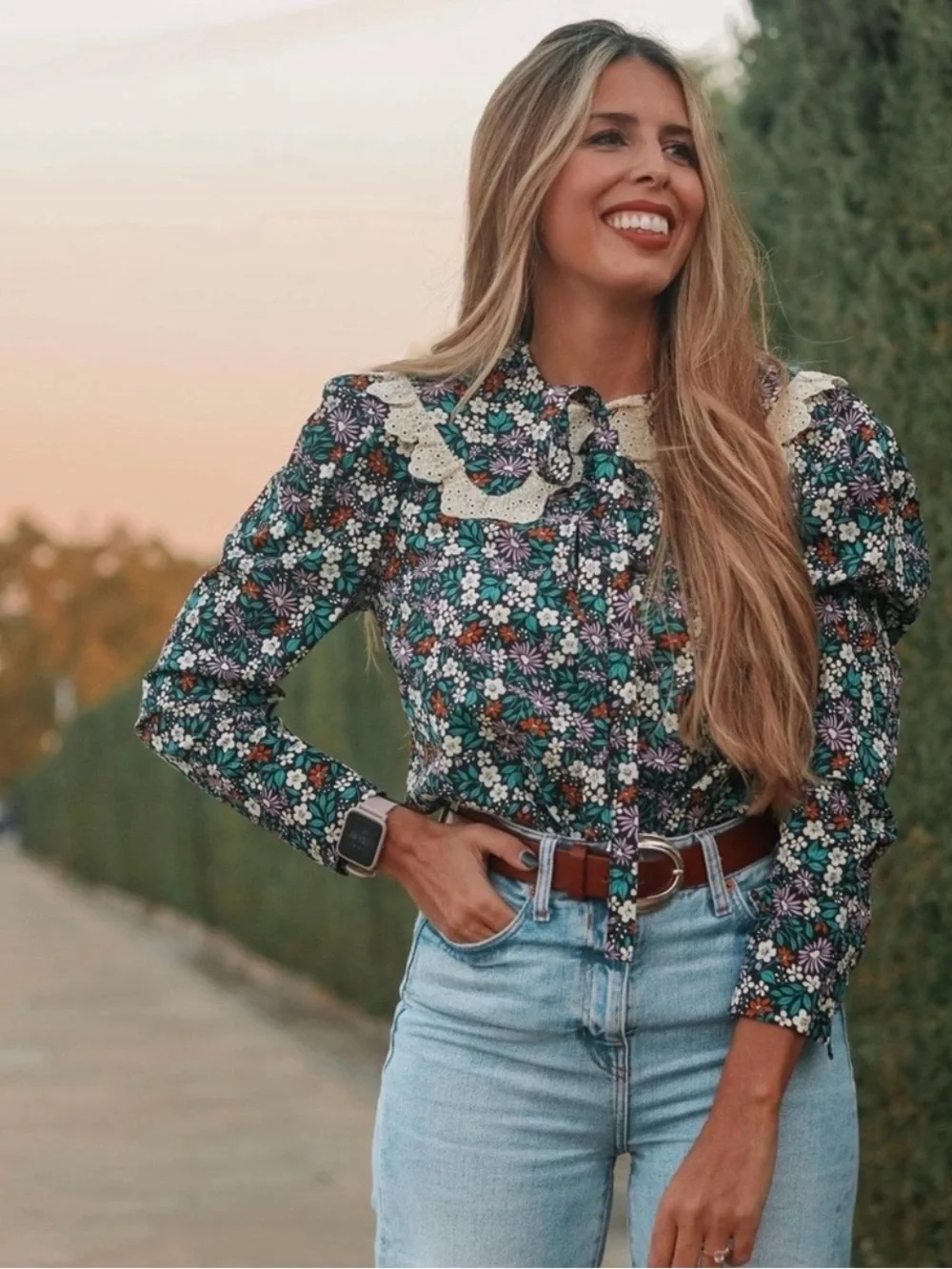 Zara Multicolored Floral Printed Lace Trim Collar Top Size S